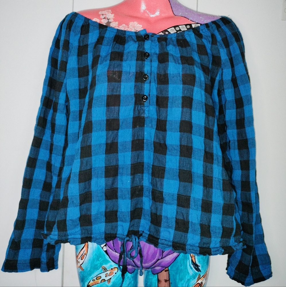 NWT Miley Cyrus blue black plaid roll sleeve tie waist blouse